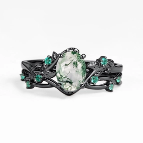 Power Look Expressive Touch Nature Inspired - Oval Cut Moss Agate Leafy Black Gold Ring Set 2pcs - Mossy