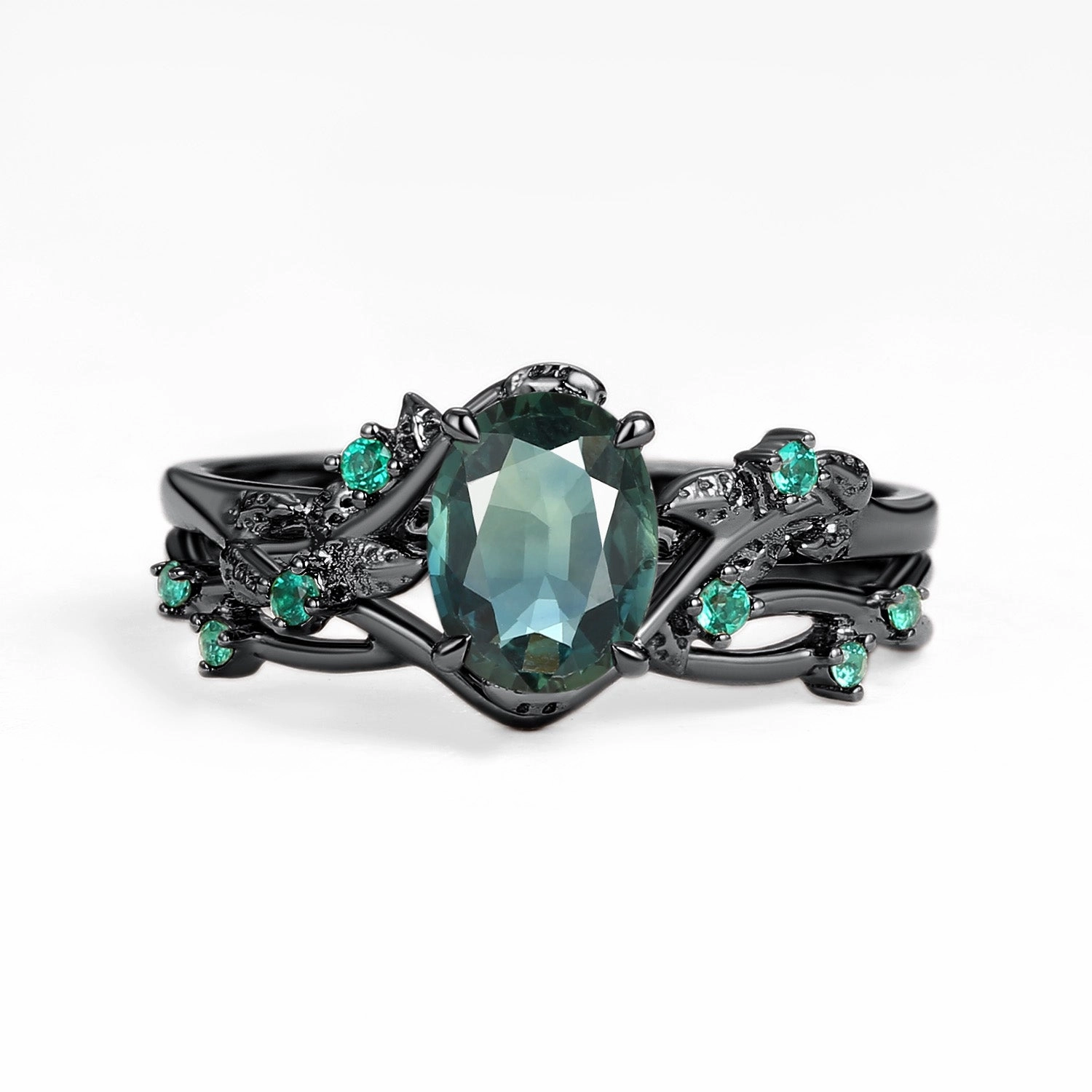 On Trend Event Accent Nature Inspired - Oval Cut Moss Agate Leafy Black Gold Ring Set 2pcs - Mossy