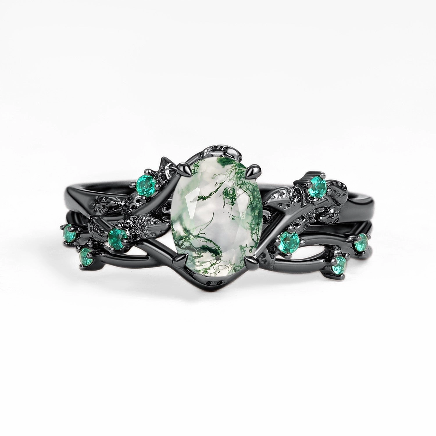 Nature Inspired - Oval Cut Moss Agate Leafy Black Gold Ring Set 2pcs - Mossy Excellent Style Elegant Accent