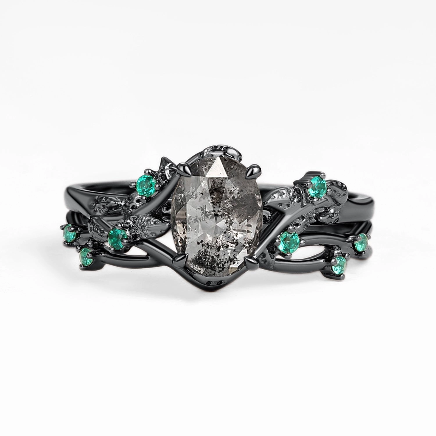 Nature Inspired - Oval Cut Moss Agate Leafy Black Gold Ring Set 2pcs - Mossy Compact Fit Gift Under 100