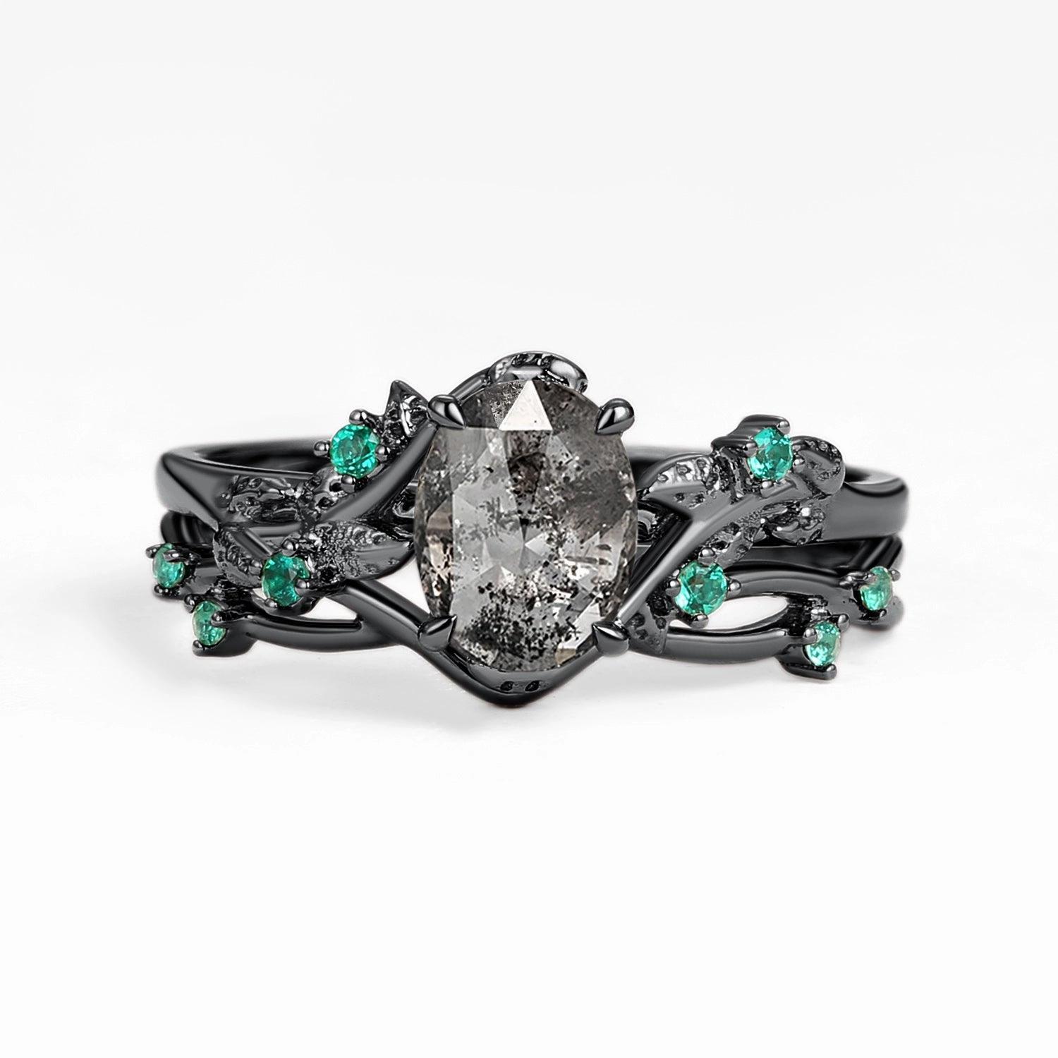 Nature Inspired - Oval Cut Moss Agate Leafy Black Gold Ring Set 2pcs - Mossy fashion lover HighEnd Jewelry