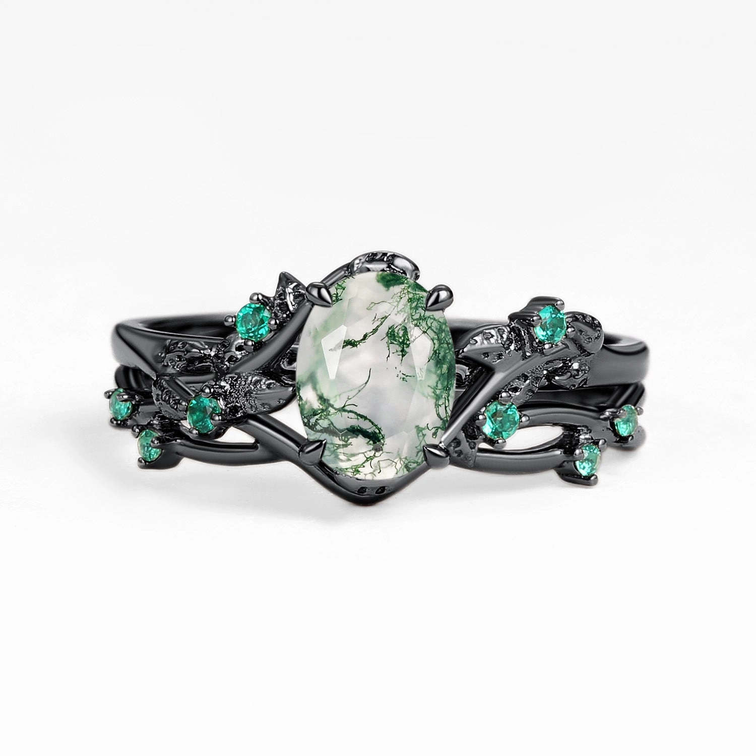 Engraved Surface Ornate Keepsake Nature Inspired - Oval Cut Moss Agate Leafy Black Gold Ring Set 2pcs - Mossy