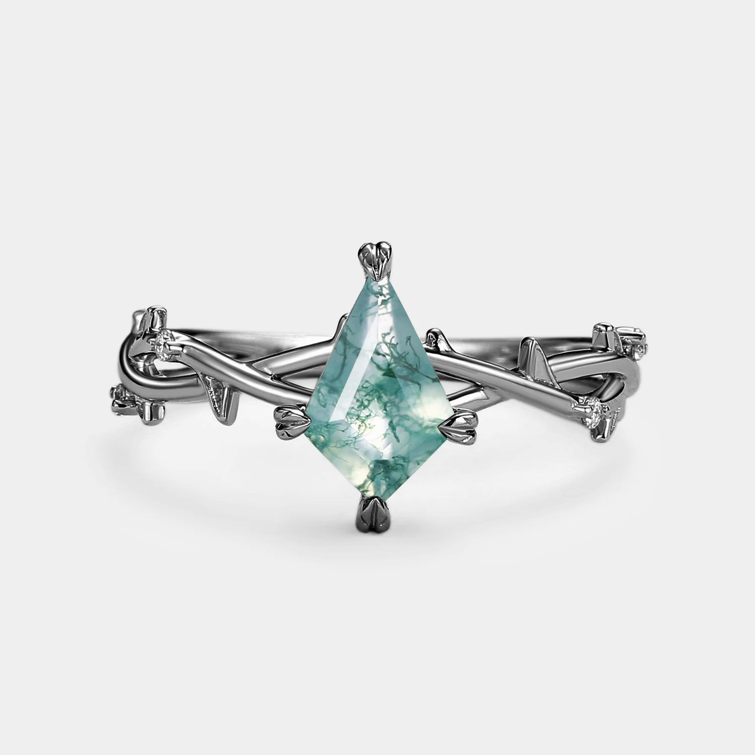 Fine Style Minimalist Kite Cut Moss Agate Leafy Engagement Ring - Bramble