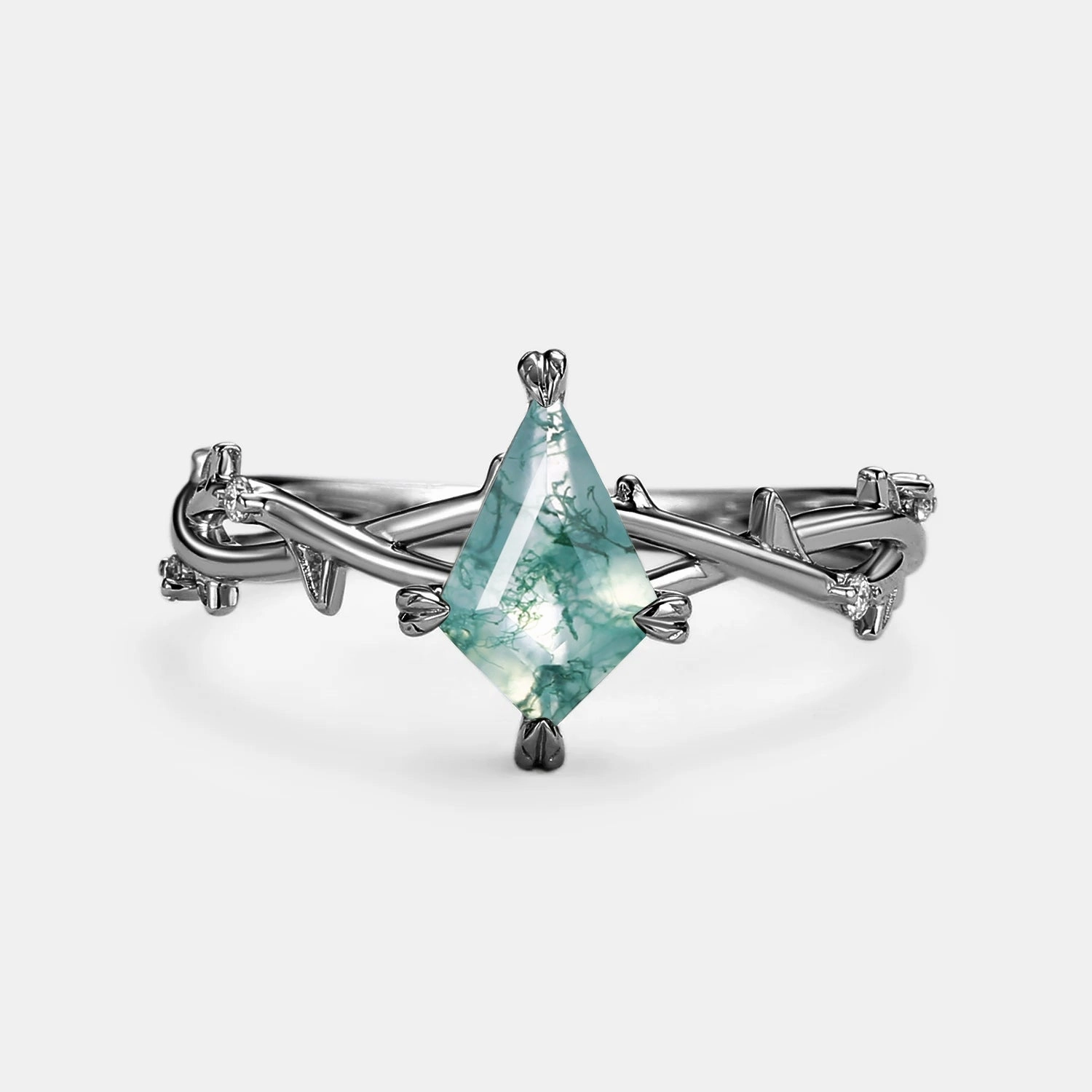 Minimalist Kite Cut Moss Agate Leafy Engagement Ring - Bramble Elegant Shine Finish