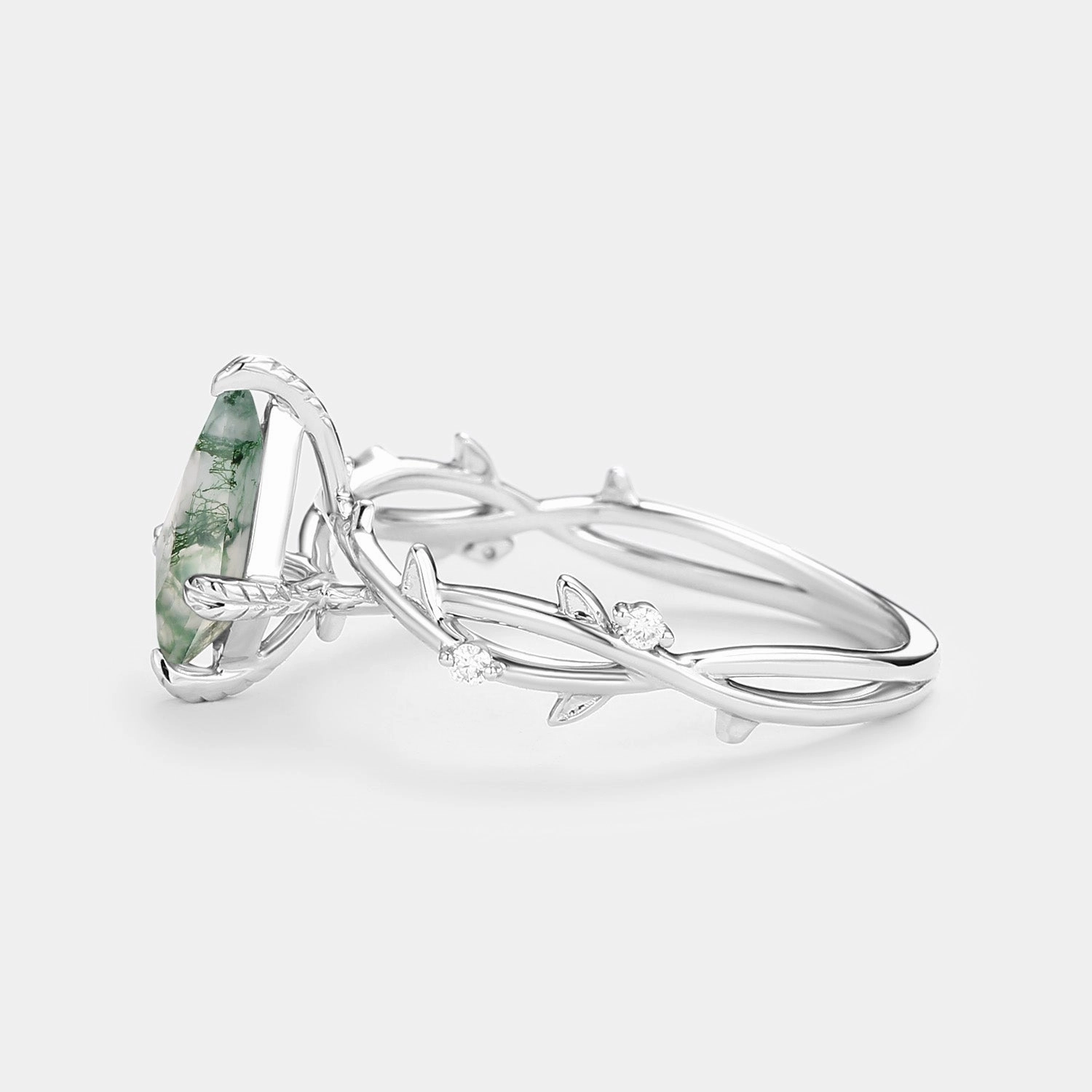 Minimalist Kite Cut Moss Agate Leafy Engagement Ring - Bramble Refined Vibe Vibrant Touch Pieces