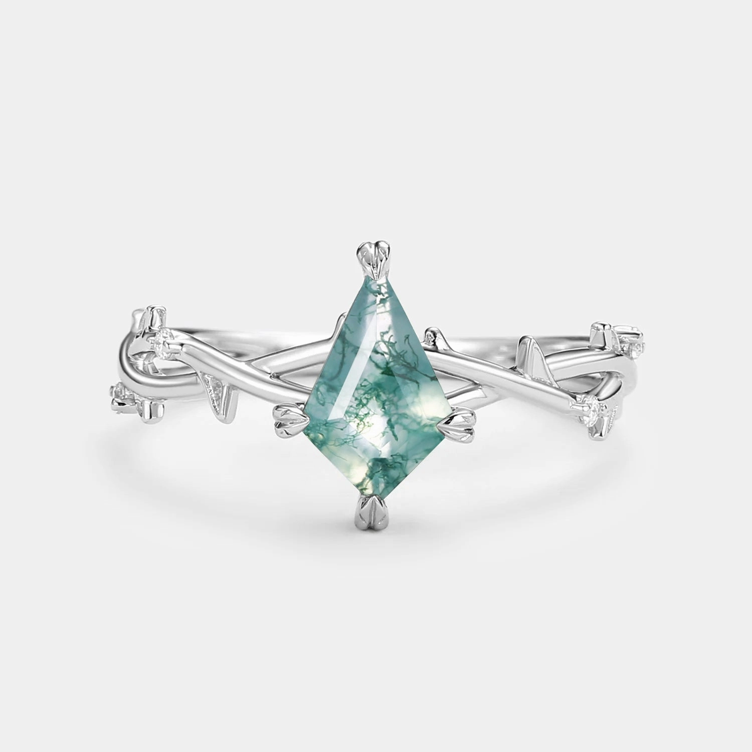 Minimalist Kite Cut Moss Agate Leafy Engagement Ring - Bramble Subtle Highlight