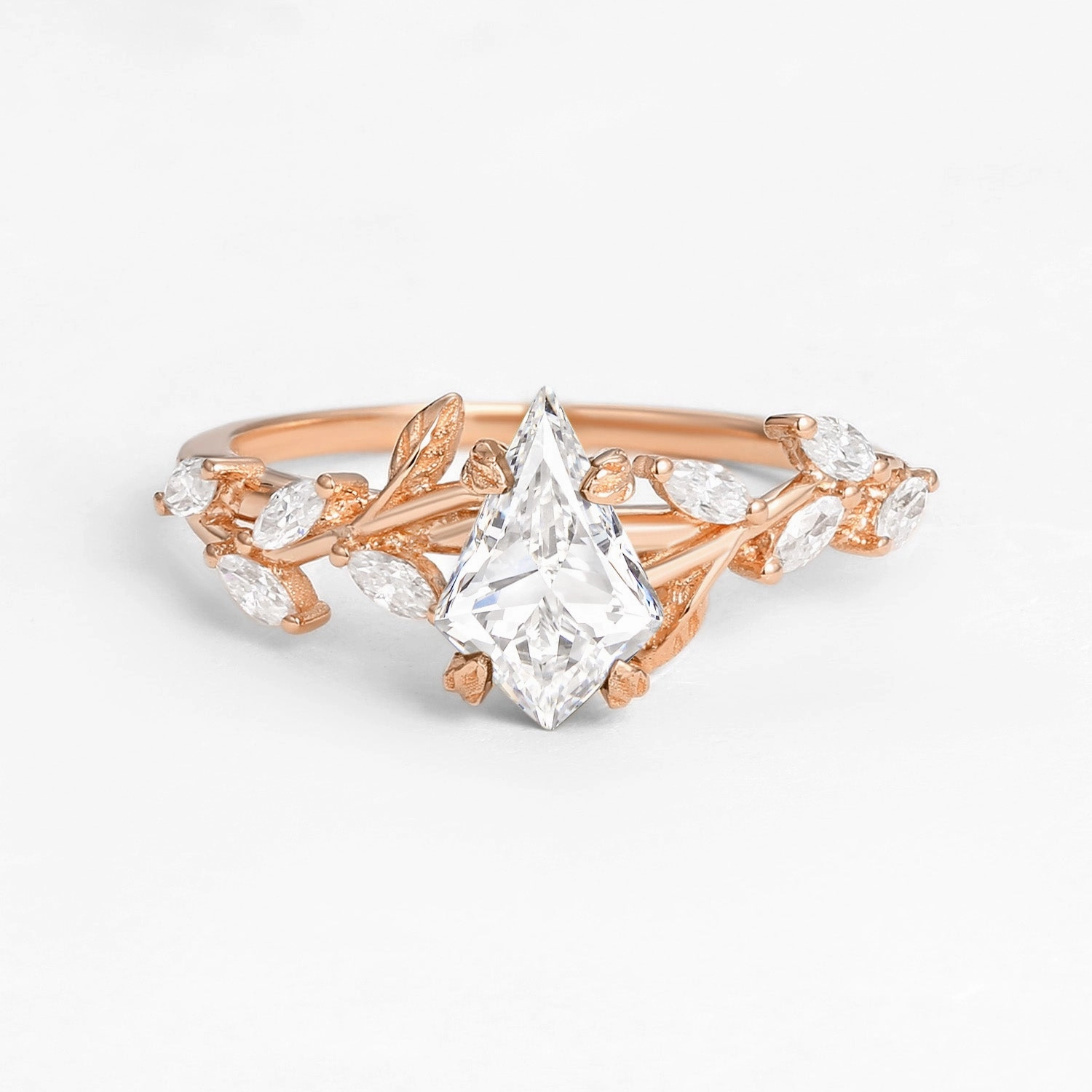 Kite Cut Clear Moissanite Leafy Gold Engagement Ring Youthful Accessory