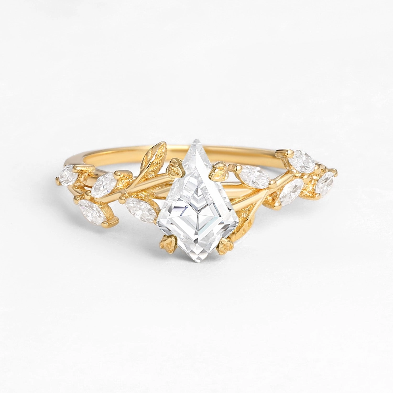 Kite Cut Clear Moissanite Leafy Gold Engagement Ring Youthful Twist Bright Detail