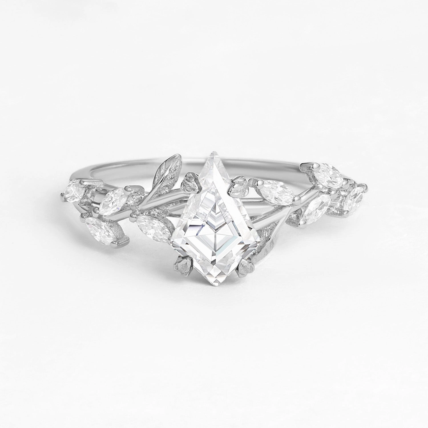 Kite Cut Clear Moissanite Leafy Gold Engagement Ring Vibrant Gifts Sculpted Finish