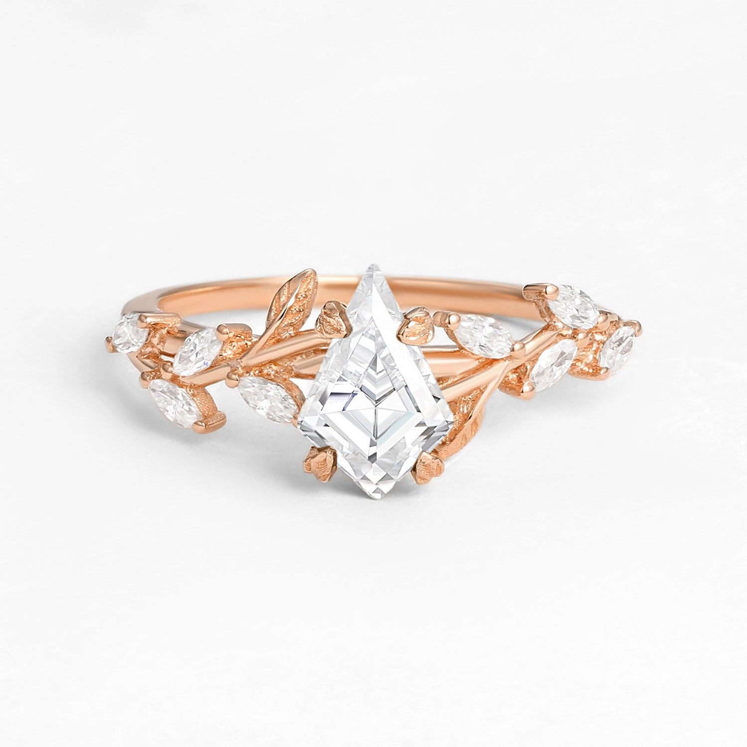 Kite Cut Clear Moissanite Leafy Gold Engagement Ring Exclusive Edge