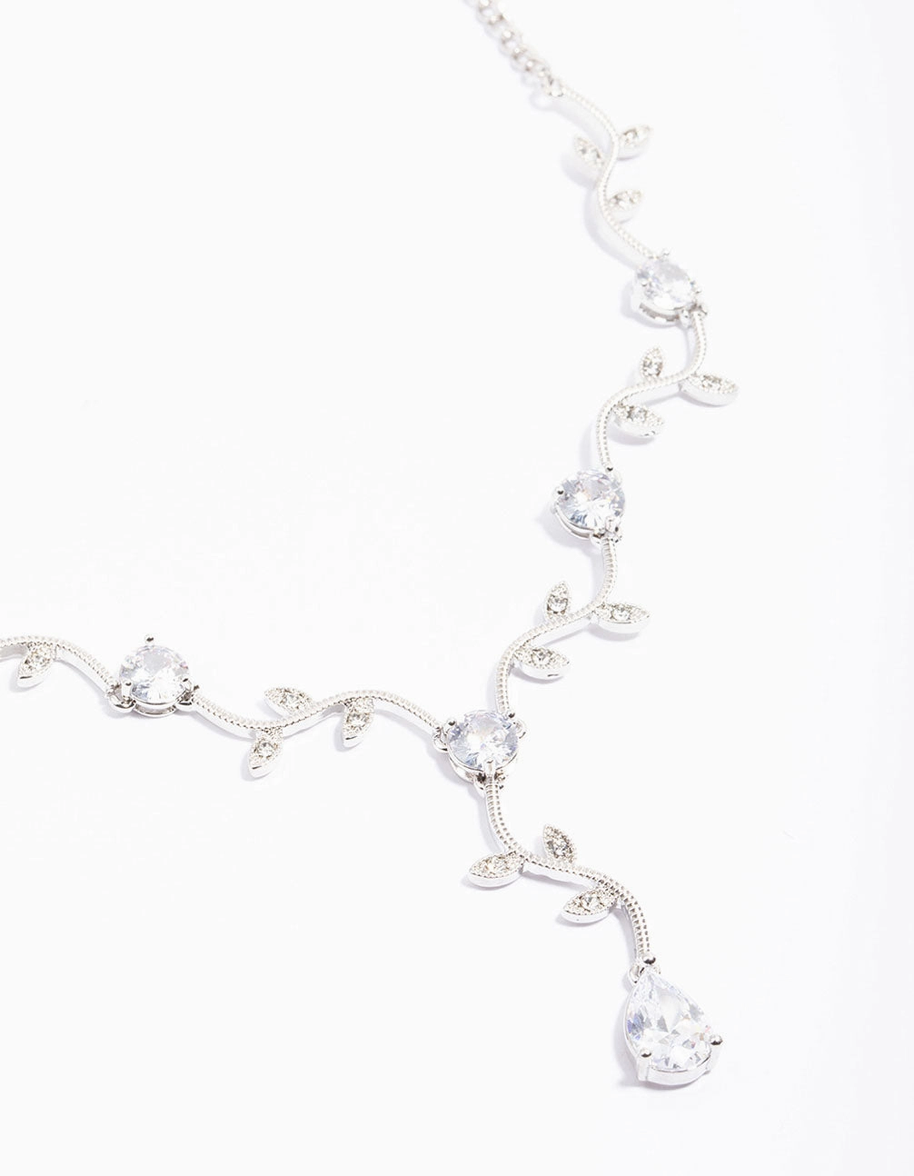 Silver Cubic Zirconia Floral Teardrop Y-Shape Necklace Precious Piece Dressy Mood