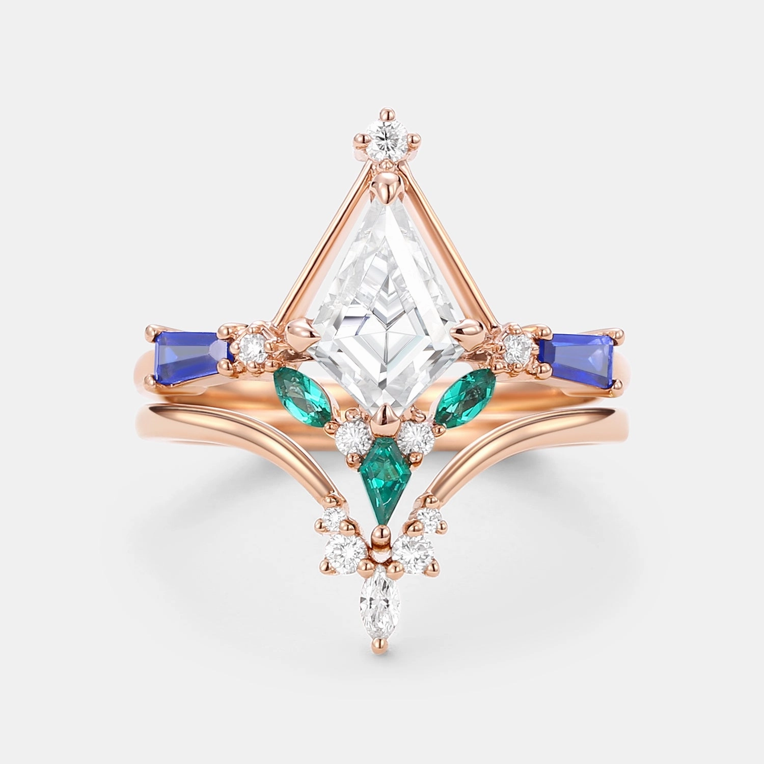 Unique Kite Cut Moissanite Curved Engagement Ring Set 2pcs Color Pop