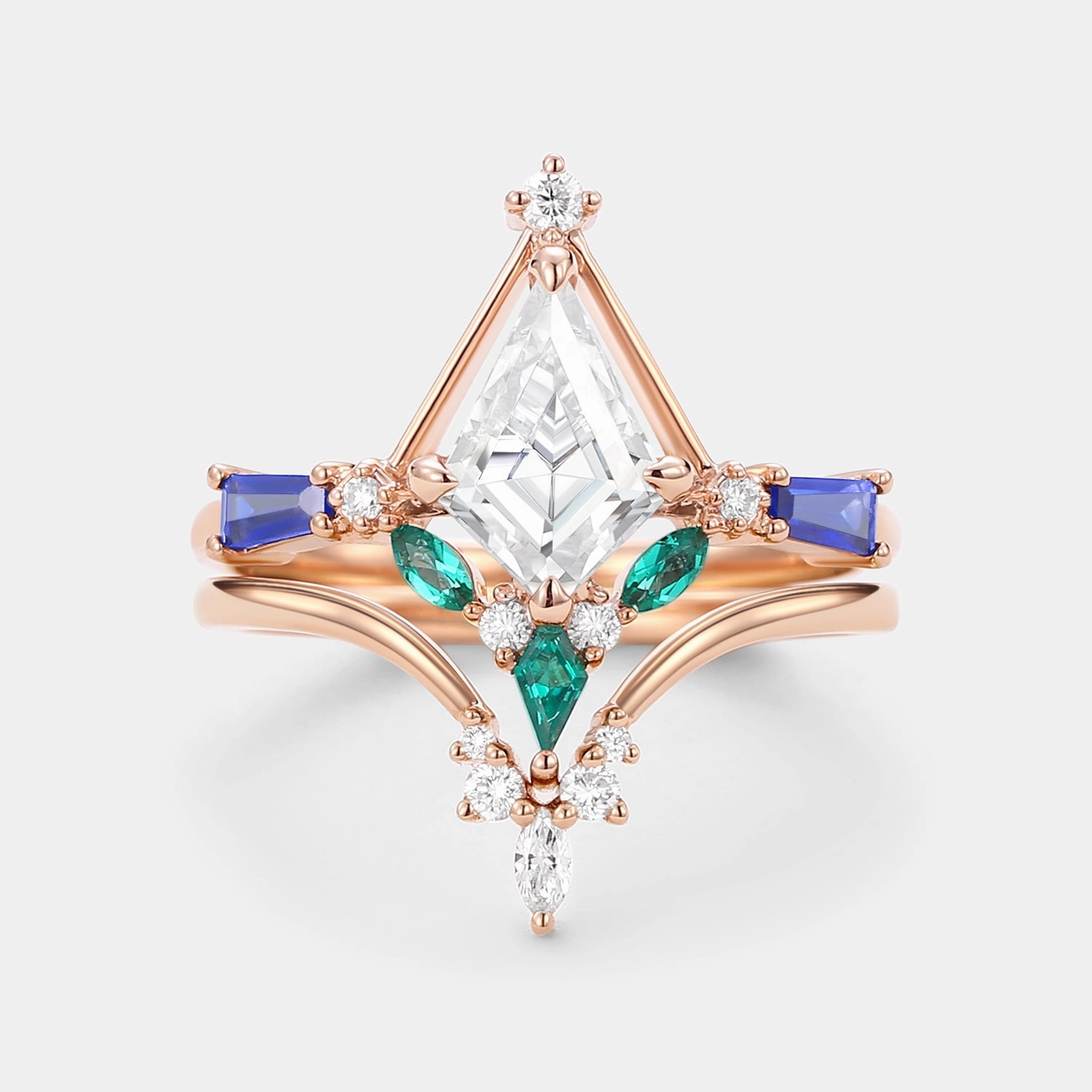 Custom Bauble Unique Kite Cut Moissanite Curved Engagement Ring Set 2pcs