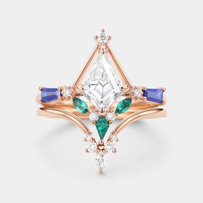 Unique Kite Cut Moissanite Curved Engagement Ring Set 2pcs Color Pop