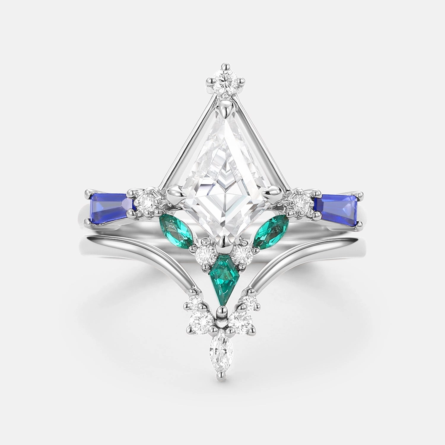 Unique Kite Cut Moissanite Curved Engagement Ring Set 2pcs Dynamic Feature Handmade Statement