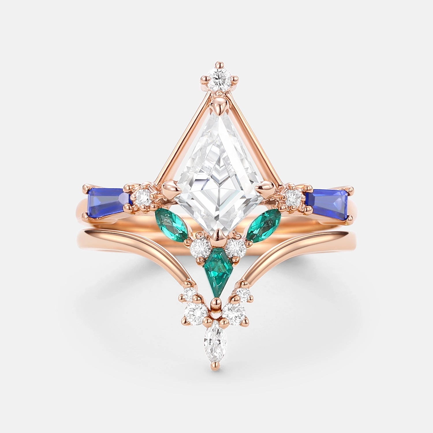 Unique Kite Cut Moissanite Curved Engagement Ring Set 2pcs Weekend Accent