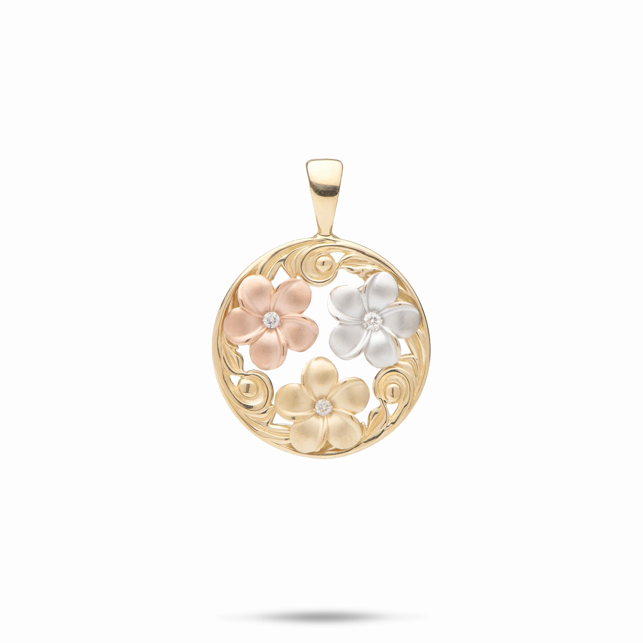 Winter Party Contemporary Accent Hawaiian Heirloom Plumeria Pendant in Tri Color Gold with Diamonds - 18mm