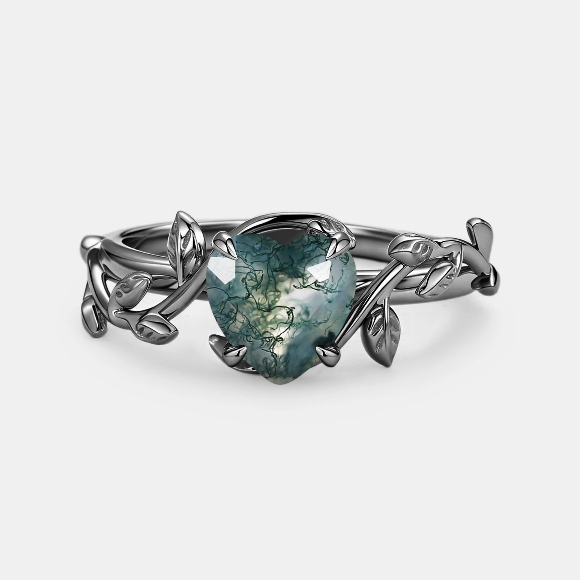 Heart Shaped Natural Moss Agate Engagement Ring - Emily Budget Gift