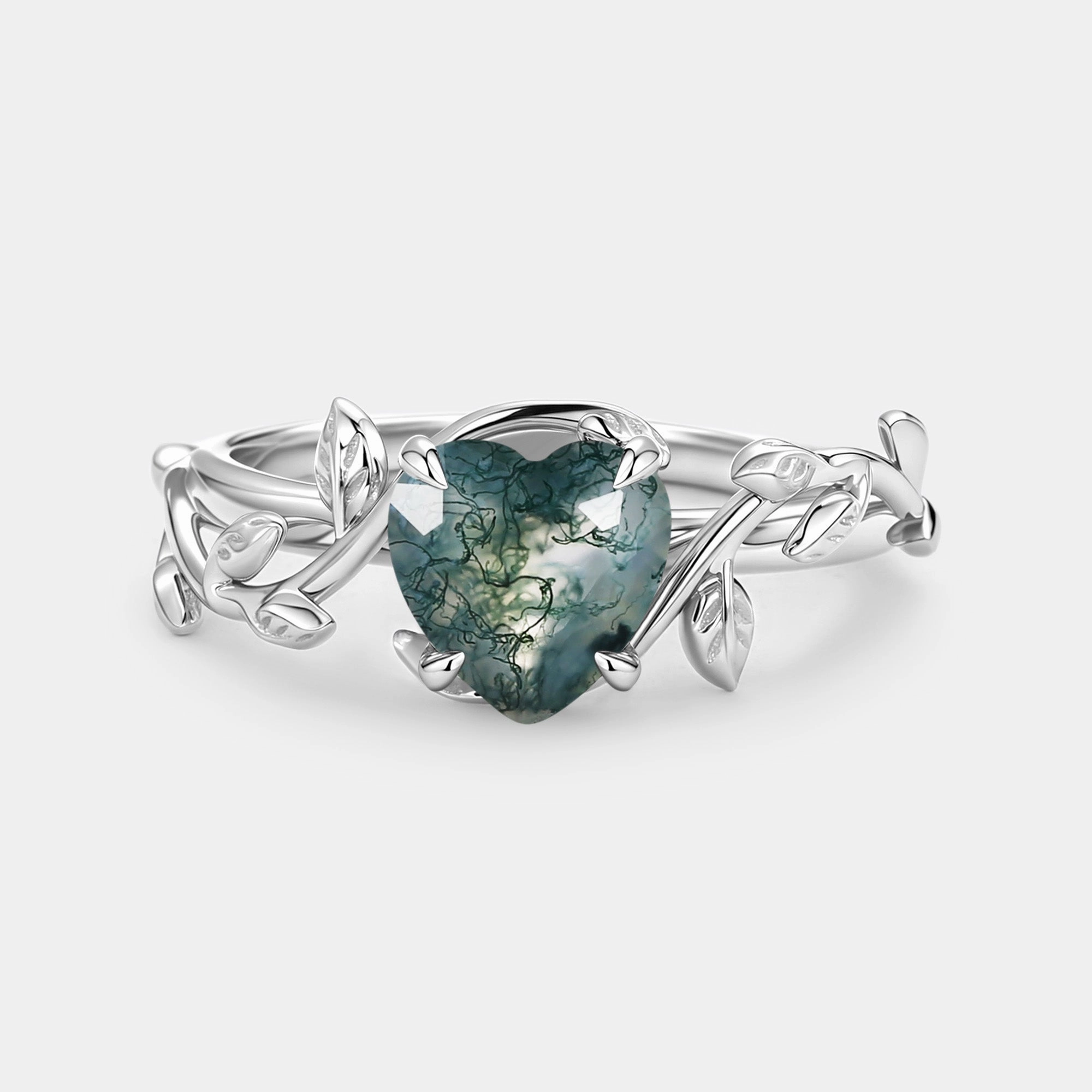 Heart Shaped Natural Moss Agate Engagement Ring - Emily Effortless Accent Weekend Detail