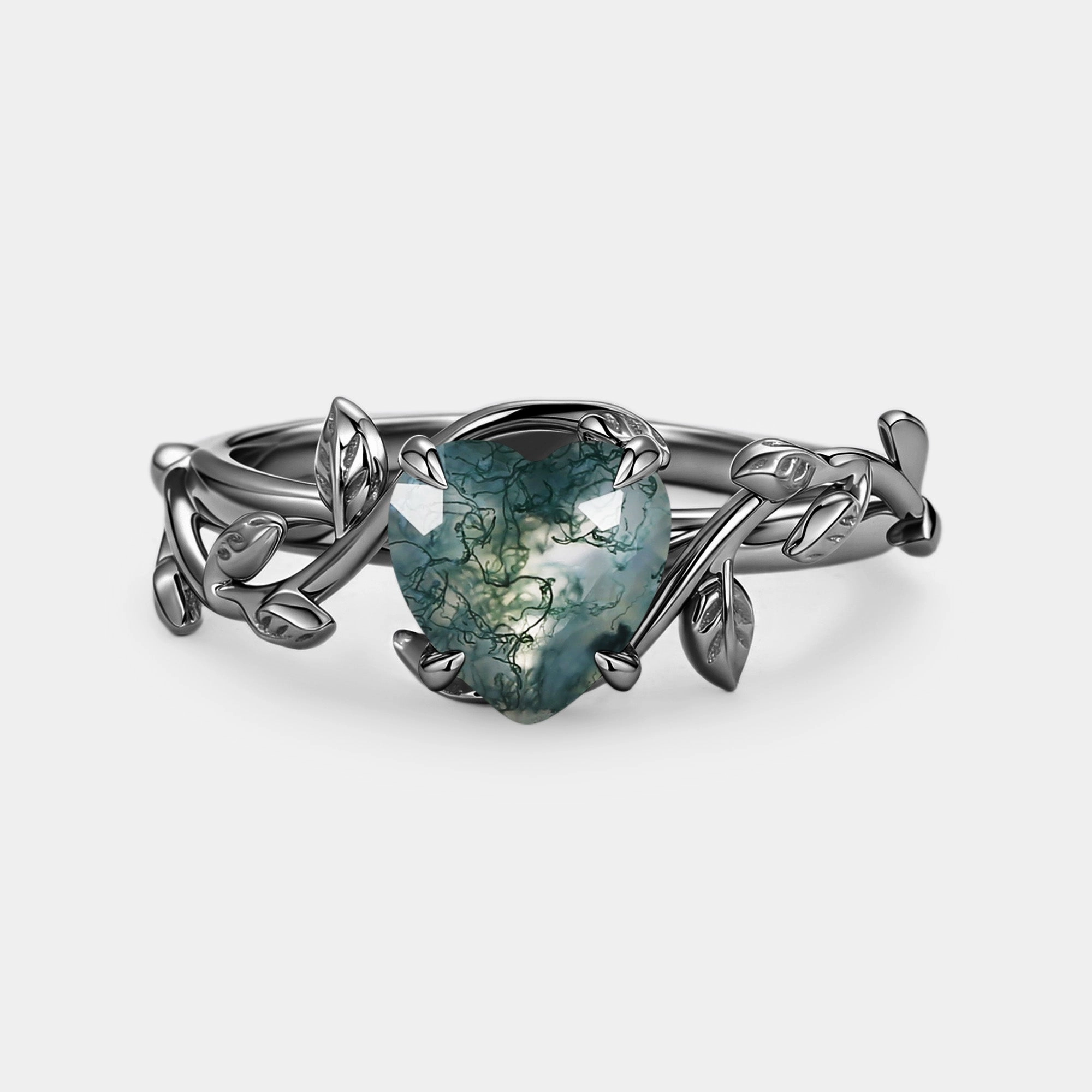casual outing Trendy Edge Heart Shaped Natural Moss Agate Engagement Ring - Emily