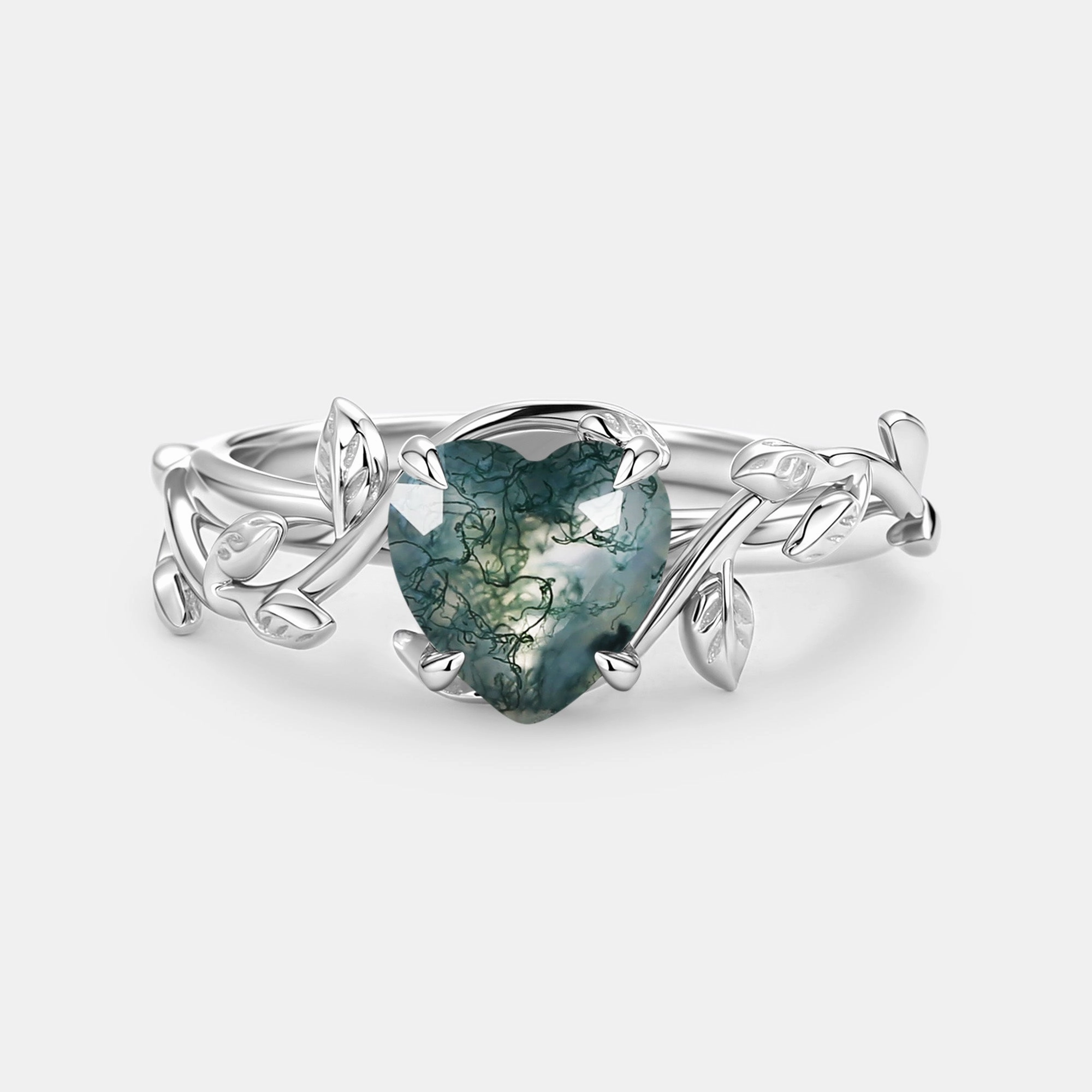 Impeccable Form Heart Shaped Natural Moss Agate Engagement Ring - Emily