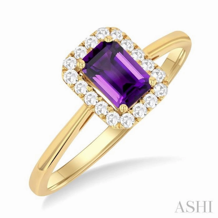 6x4 MM Octagonal Shape Amethyst and 1/6 Ctw Round Cut Diamond Halo Semi-Precious Ring in 10K Yellow Gold Evening Look Handmade Process