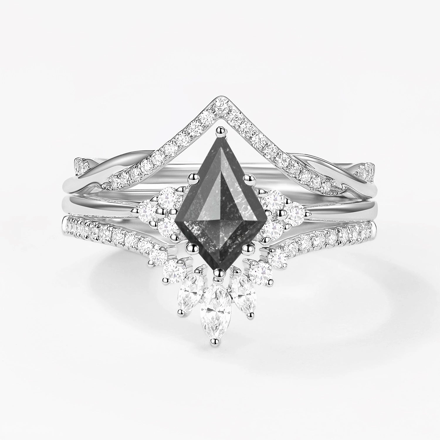 Contemporary Touch Kite Cut Salt and Pepper Diamonds Infinity Ring Set 3pcs