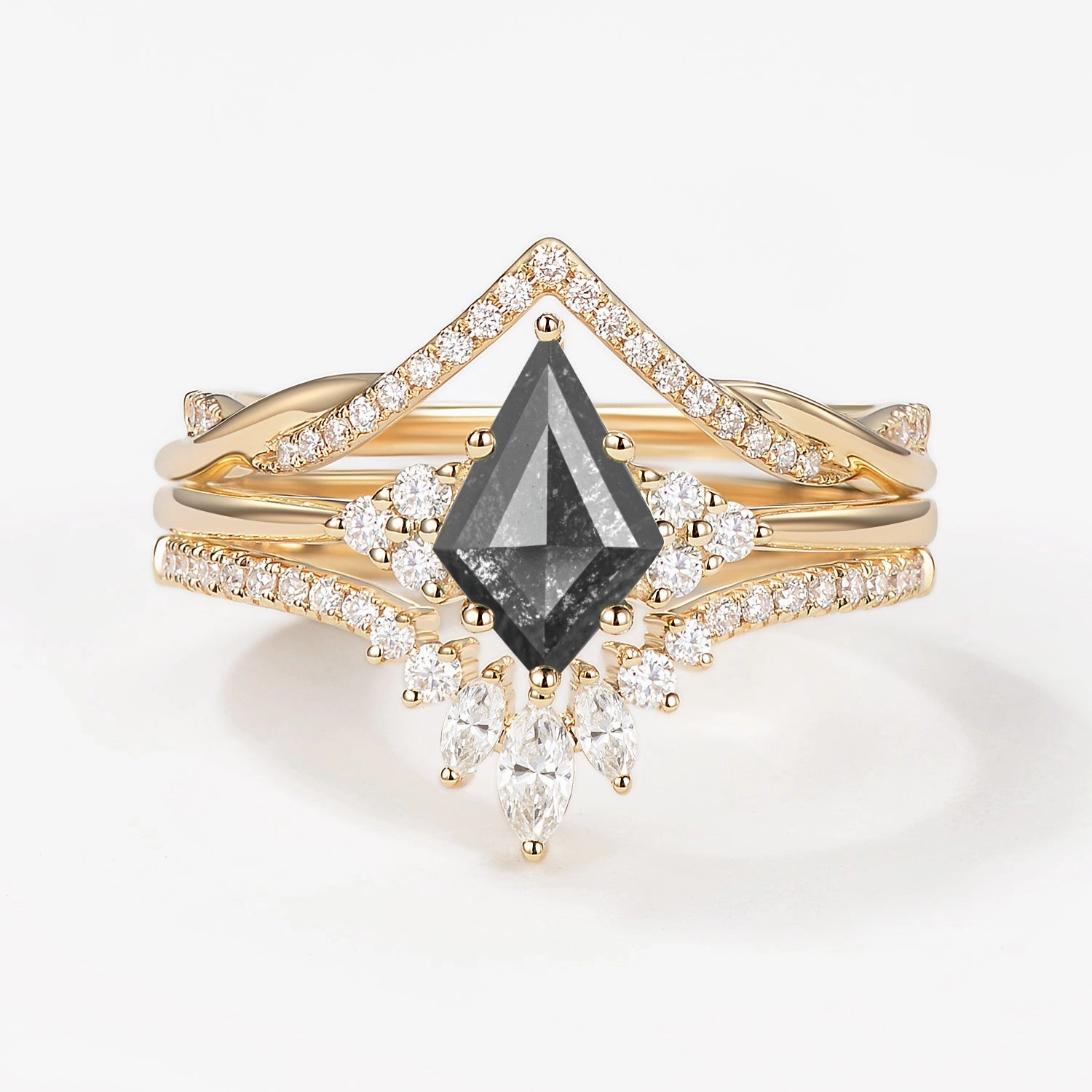 Kite Cut Salt and Pepper Diamonds Infinity Ring Set 3pcs Easy Use