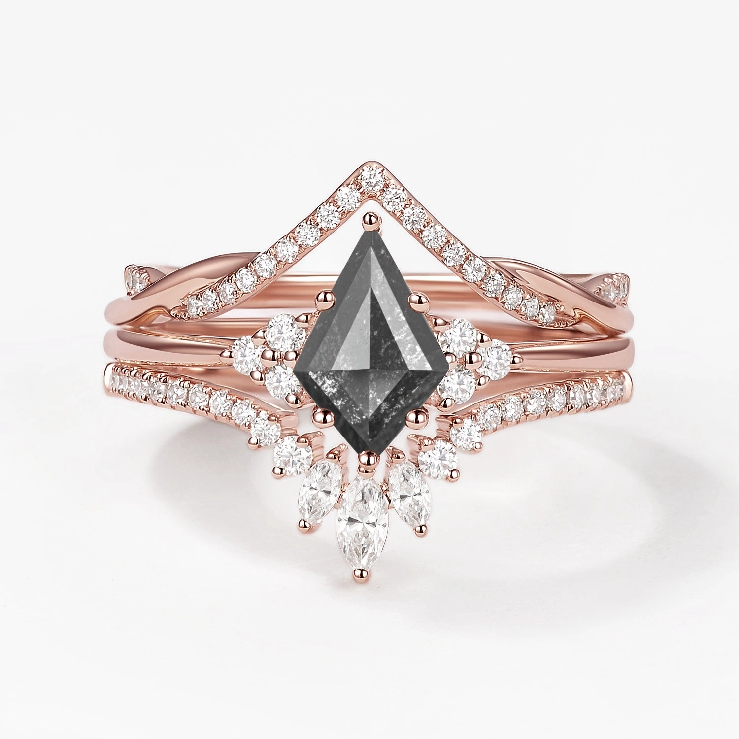 Kite Cut Salt and Pepper Diamonds Infinity Ring Set 3pcs Quality Design Everyday Wear