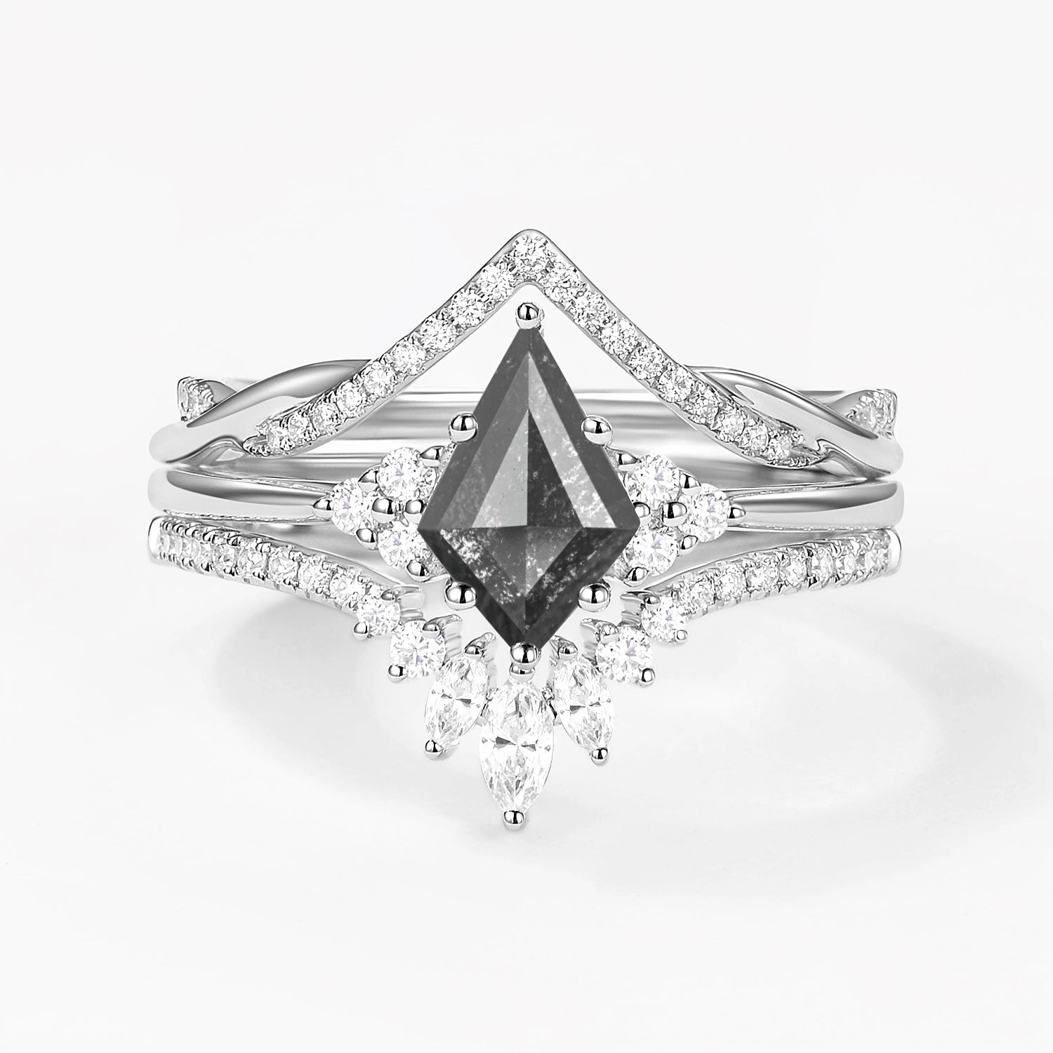 Glamorous Statement Essential Present Kite Cut Salt and Pepper Diamonds Infinity Ring Set 3pcs