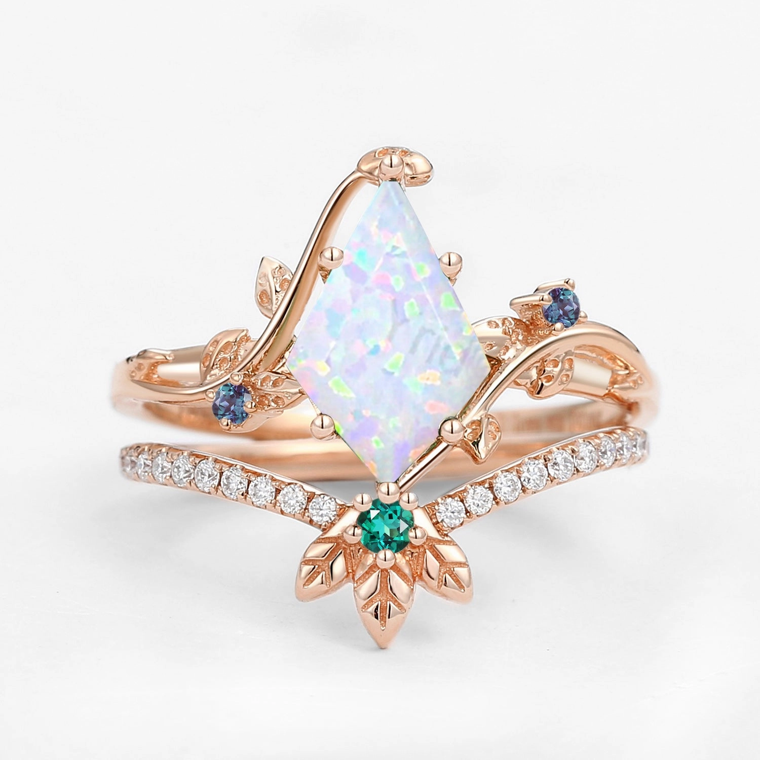 Unique Opal & Alexandrite & Emerald Three Leaves Engagement Ring Set 2pcs - Mermaid Neutral palette