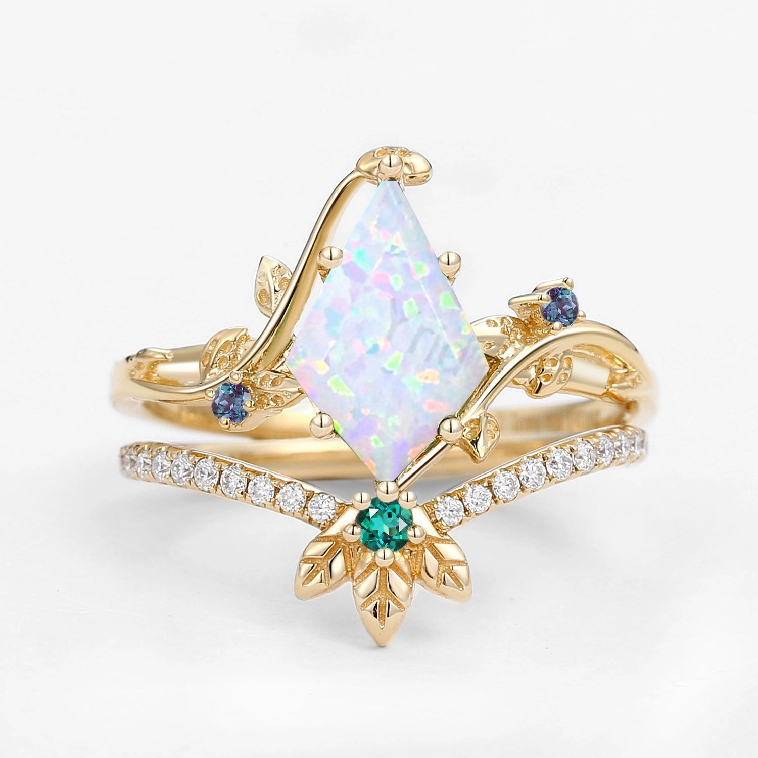 Unique Opal & Alexandrite & Emerald Three Leaves Engagement Ring Set 2pcs - Mermaid HighEnd Sign Elegant Detail