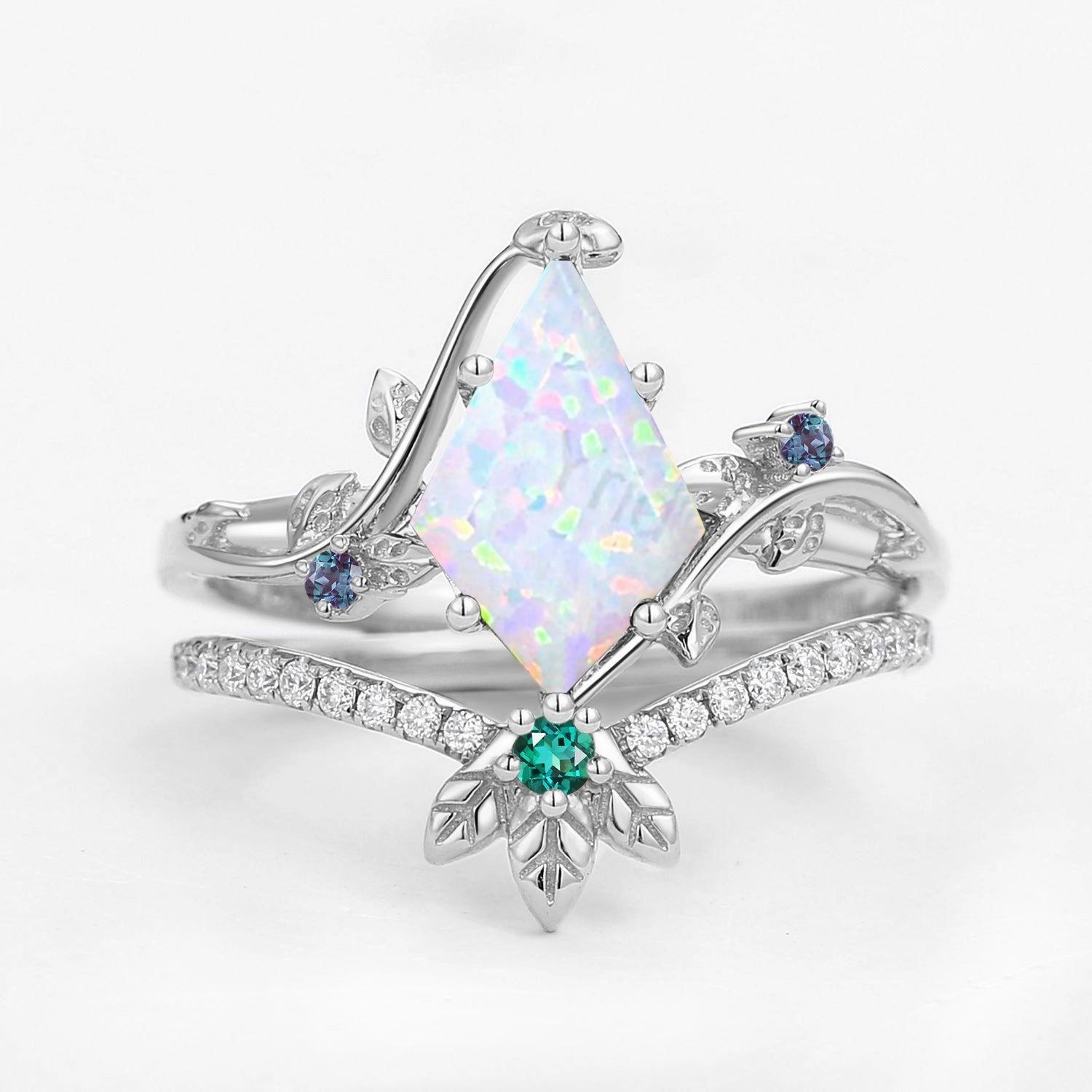 Sustainable Material Unique Opal & Alexandrite & Emerald Three Leaves Engagement Ring Set 2pcs - Mermaid