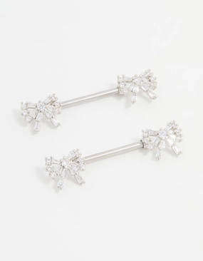 Beauty Fit Soft Features Surgical Steel Cubic Zirconia Double Bow Nipple Piercings 2-Pack