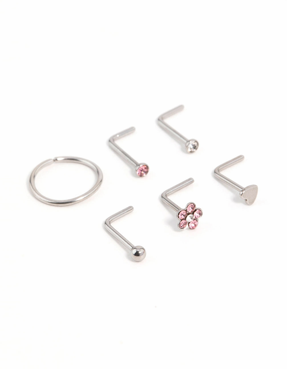 Bold Detail Soft Glow Up Surgical Steel Cubic Zirconia Flower & Heart Nose Piercing 6-Pack