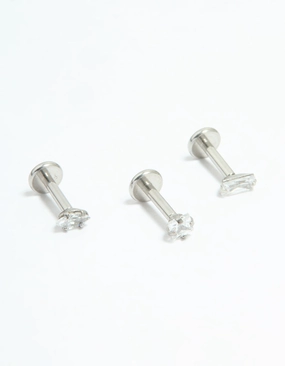 Surgical Steel Cubic Zirconia Mixed Shape Flat Back Studs 3-Pack Sleek Shine