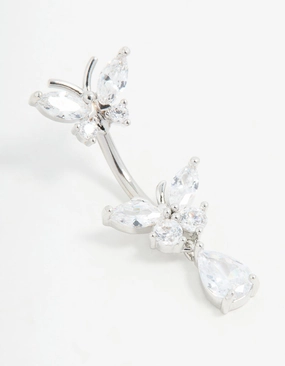 Surgical Steel Cubic Zircornia Double Butterfly Drop Belly Bar Minimalist Style