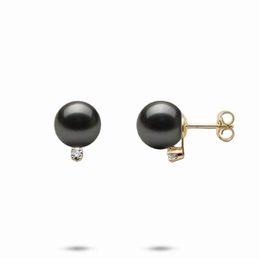 Tahitian Black Pearl Earrings in Gold with Diamonds - 9-10mm Grace Note Fashion Trend