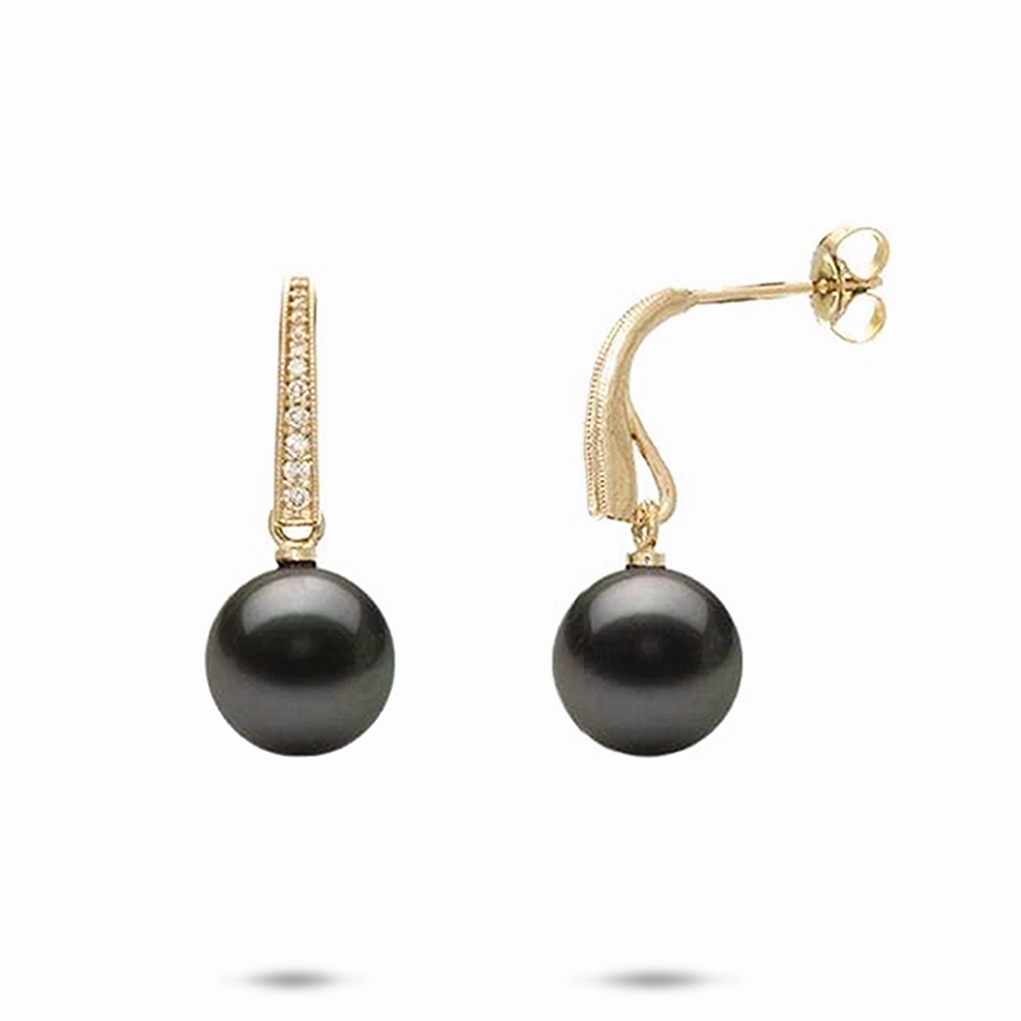 Timeless Gem Smart Casual Tahitian Black Pearl Earrings in Gold with Diamonds - 9-10mm