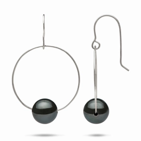 Simple Style Sculpted Finish Tahitian Black Pearl Earrings in White Gold - 9-10mm