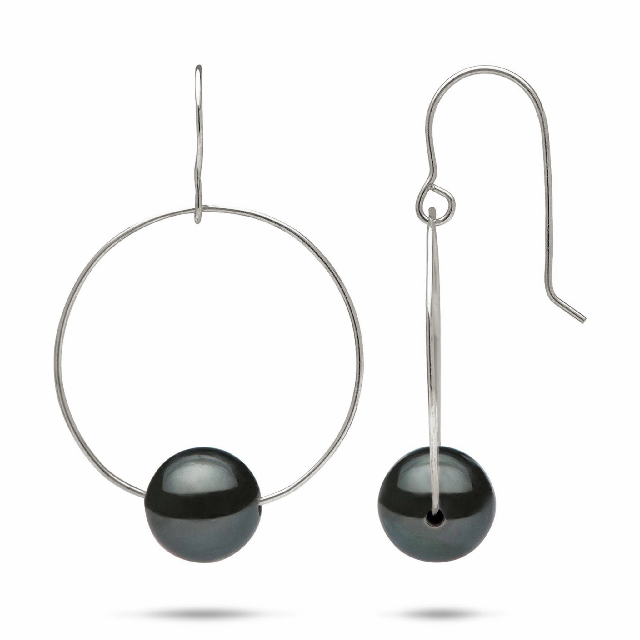Simple Style Sculpted Finish Tahitian Black Pearl Earrings in White Gold - 9-10mm