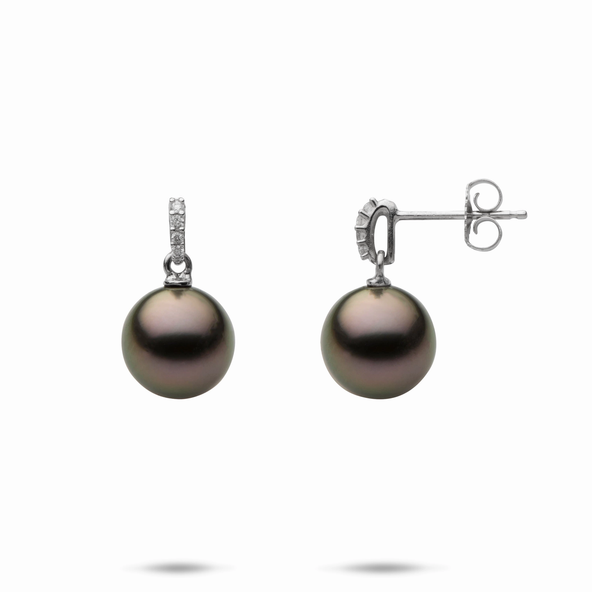 Soft Focus Tahitian Black Pearl Earrings in White Gold with Diamonds - 9-10mm