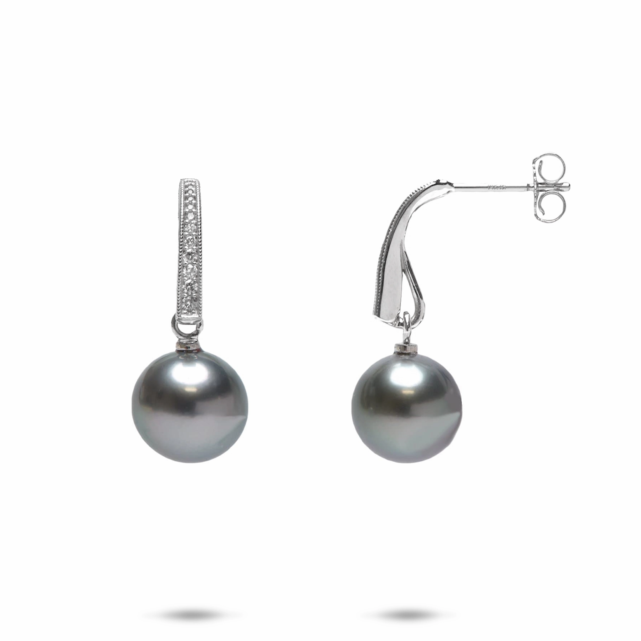 Tahitian Black Pearl Earrings in White Gold with Diamonds - 9-10mm Fashionable Shine Finish