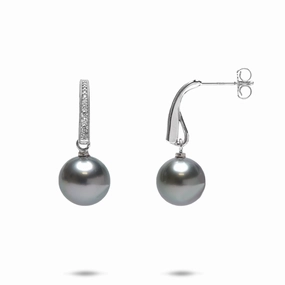 Tahitian Black Pearl Earrings in White Gold with Diamonds - 9-10mm Fashionable Shine Finish
