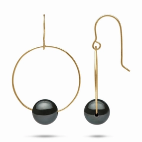 Festive Touch Distinct Piece Tahitian Black Pearl Hoop Earrings in Gold - 9-10mm