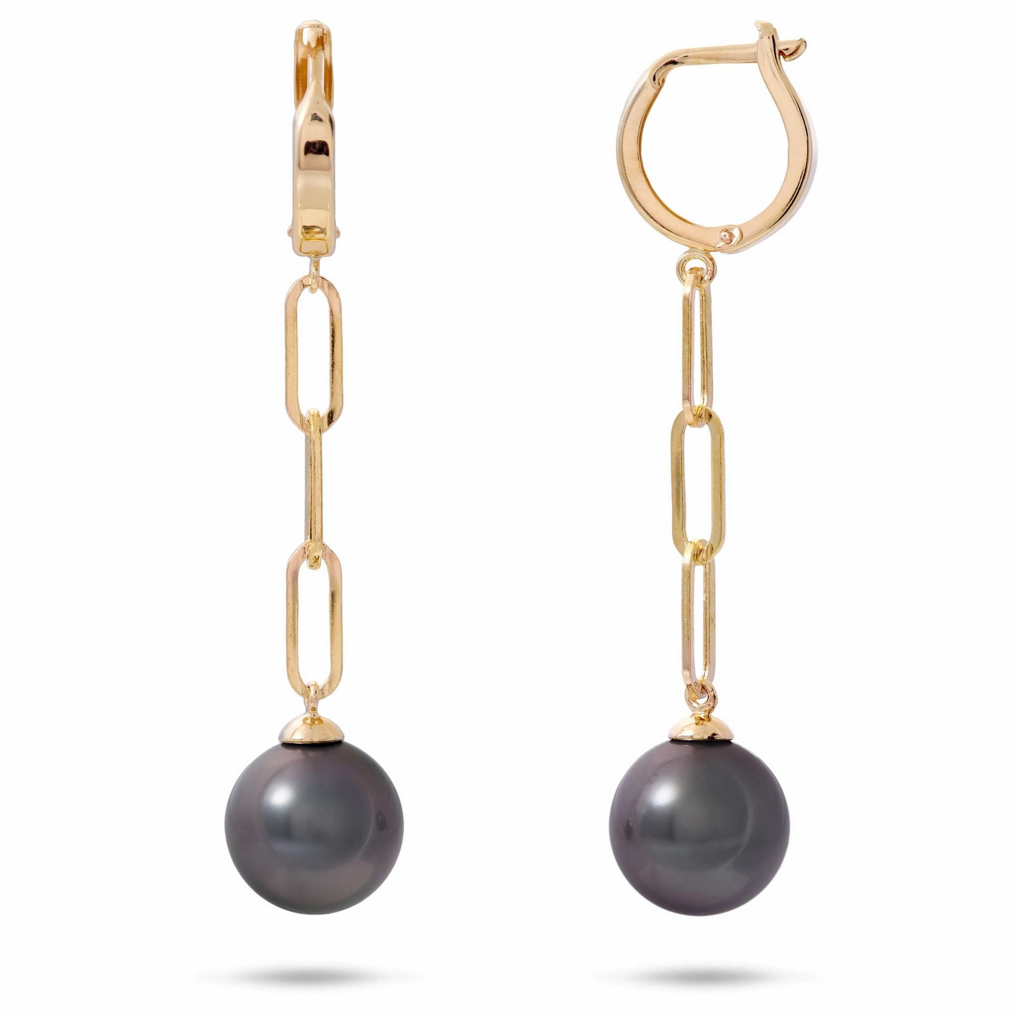 Tahitian Black Pearl Paperclip Chain Earrings in Gold - 10-11mm Dainty Appeal Soft Finish
