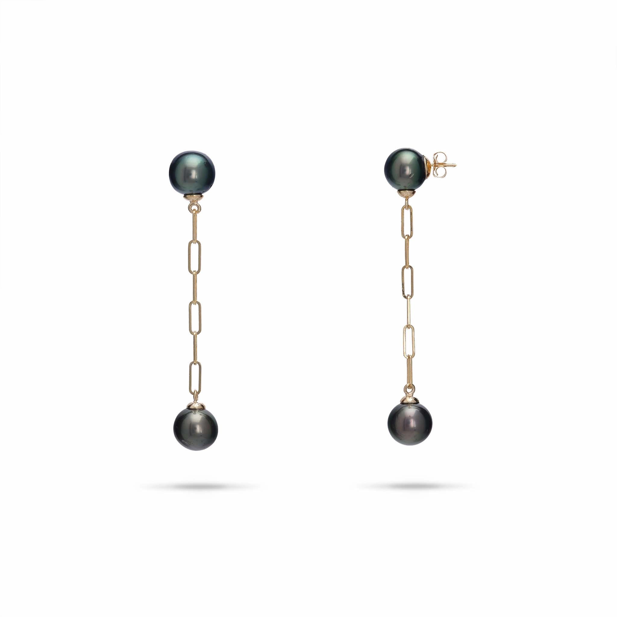 Tahitian Black Pearl Paperclip Chain Earrings in Gold - 9-11mm Shimmer Detail