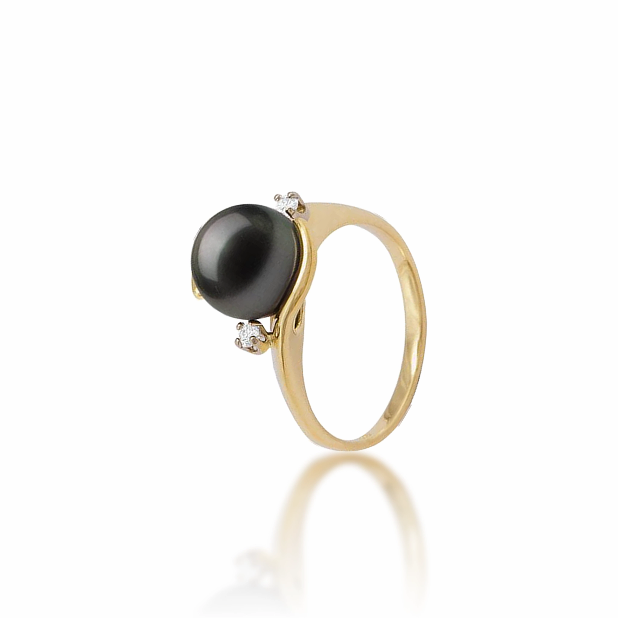 Tahitian Black Pearl Ring in Gold with Diamonds - 9-10mm Impeccable Form Pretty Touch