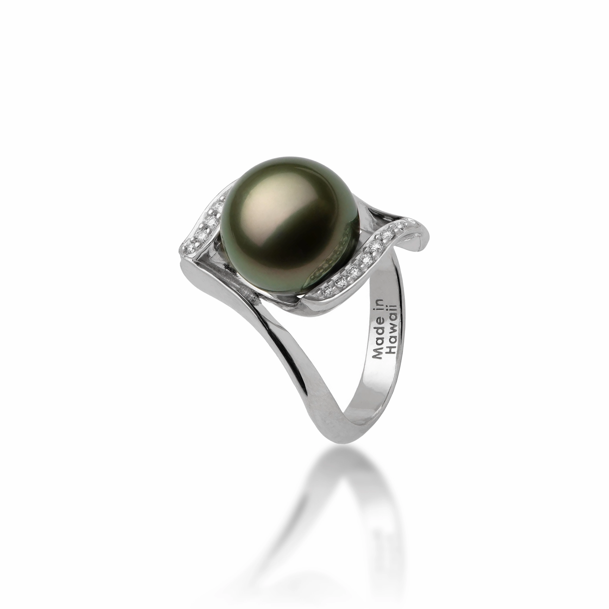 Shiny Jewelry Touch Tahitian Black Pearl Ring in White Gold with Diamonds - 11-12mm