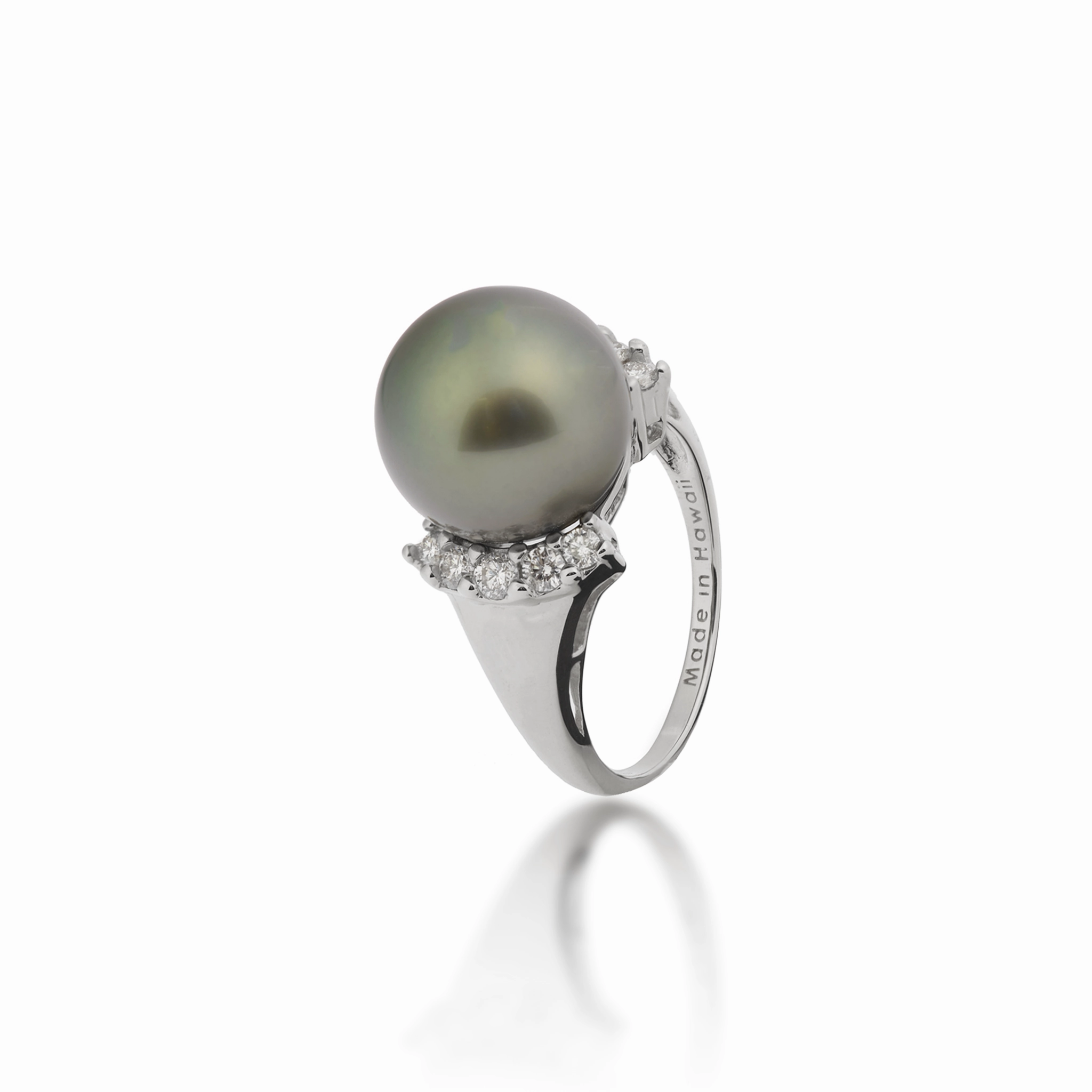 Tahitian Black Pearl Ring in White Gold with Diamonds - 12-13mm Vibrant Shine Pieces
